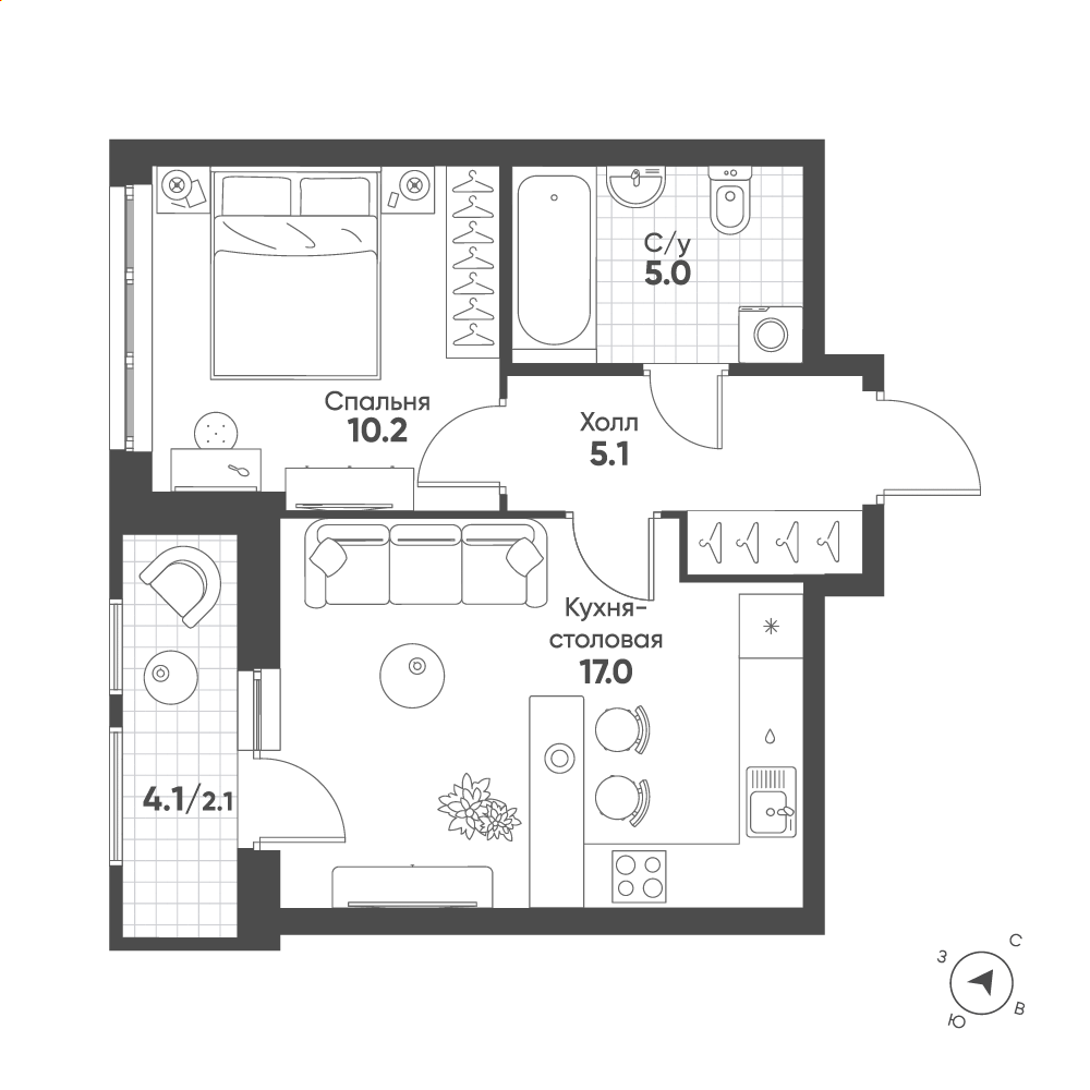 1-комнатная 39 м2 в ЖК Солнечный корпус null этаж 13