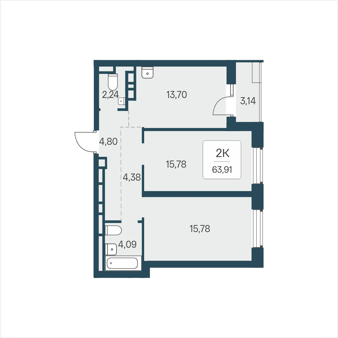 2-комнатная 63 м2 в ЖК Расцветай в Солнечном корпус null этаж 14