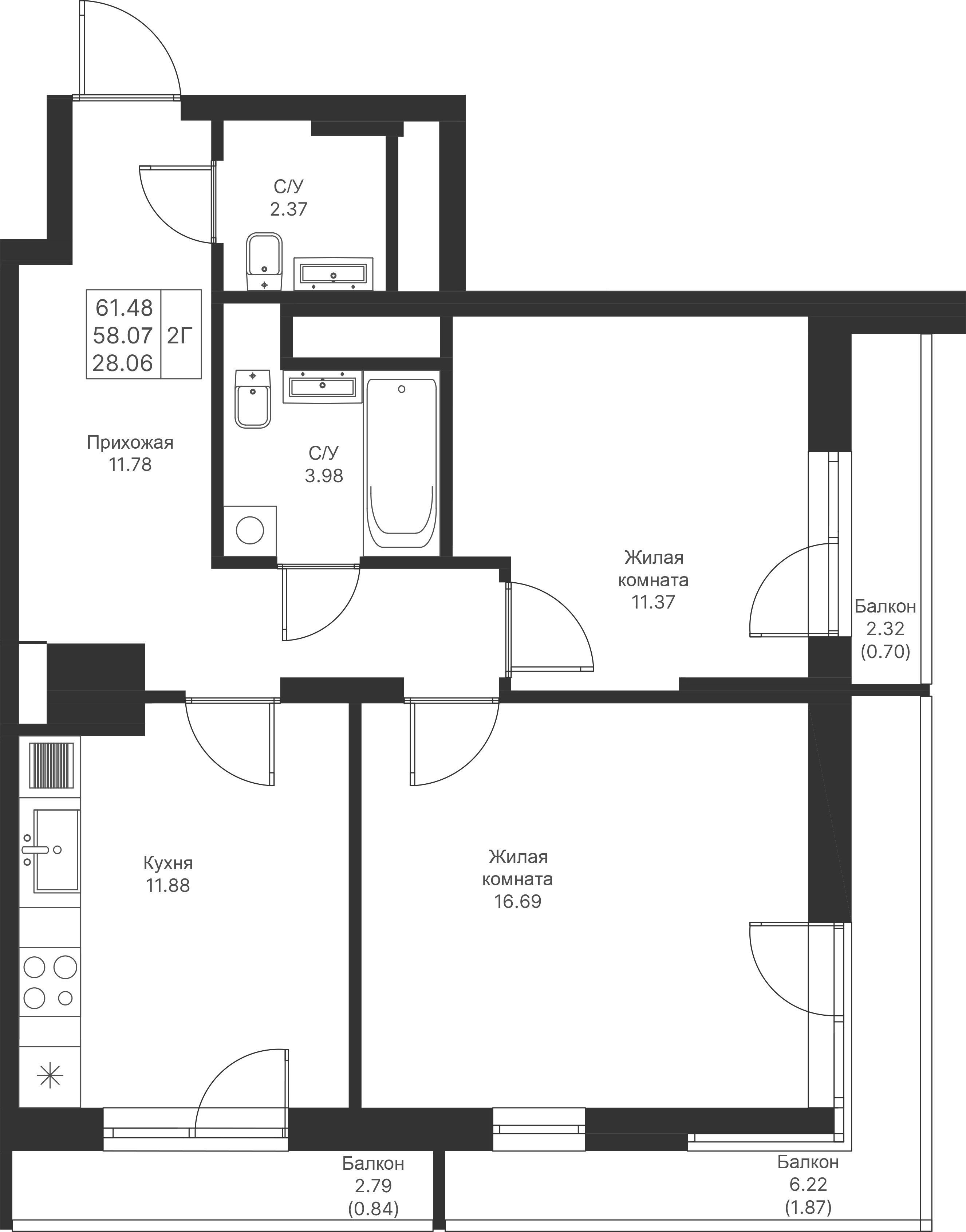 2-комнатная 61 м2 в ЖК Мой Ритм корпус null этаж 10