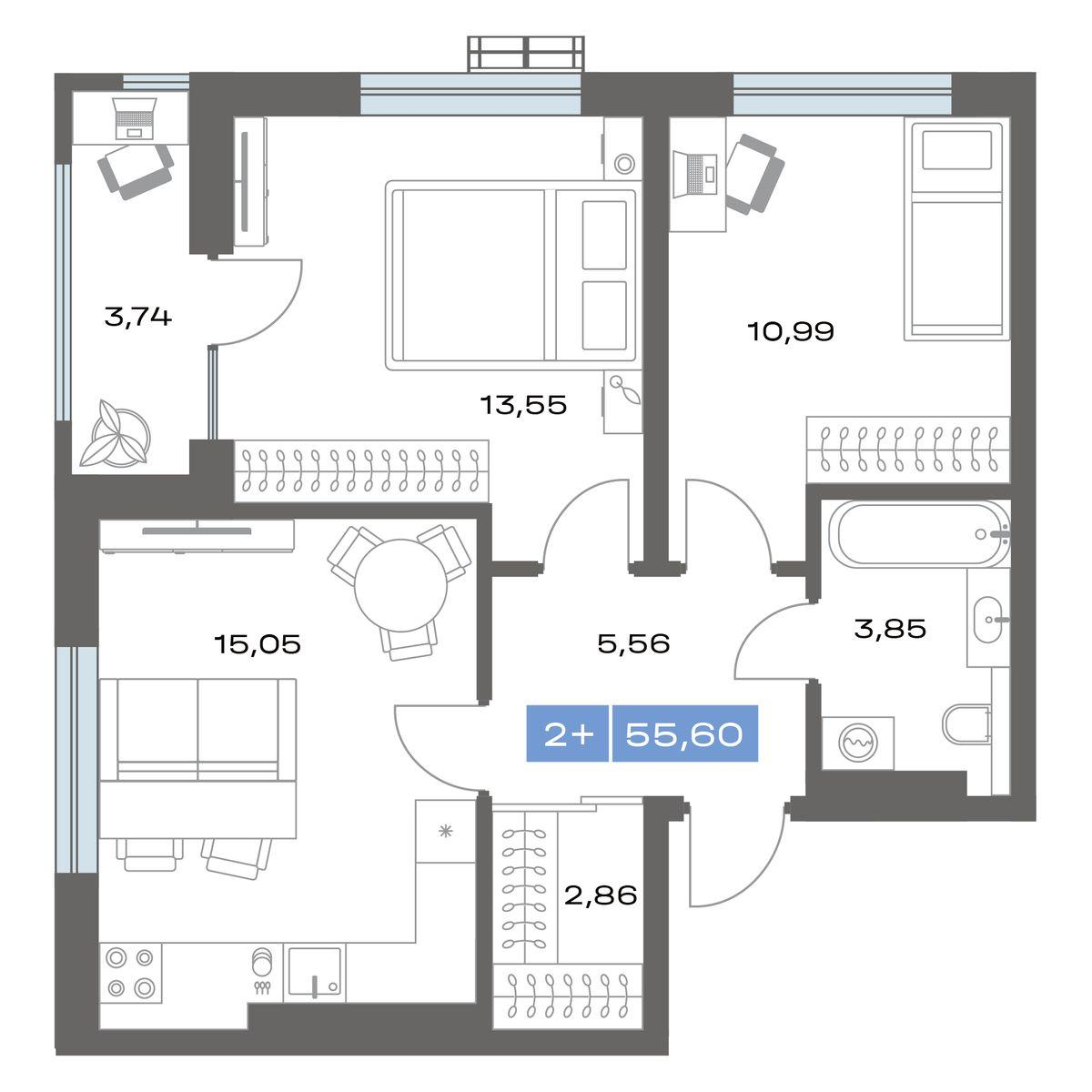 2-комнатная 55 м2 в ЖК Ритм корпус null этаж 12