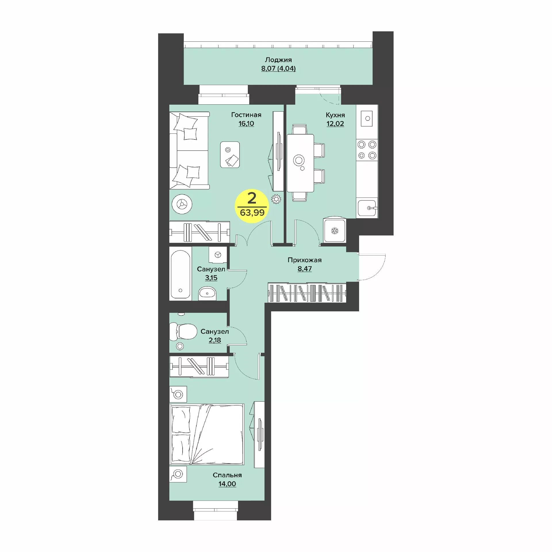 2-комнатная 59 м2 в ЖК Дубки корпус null этаж 2