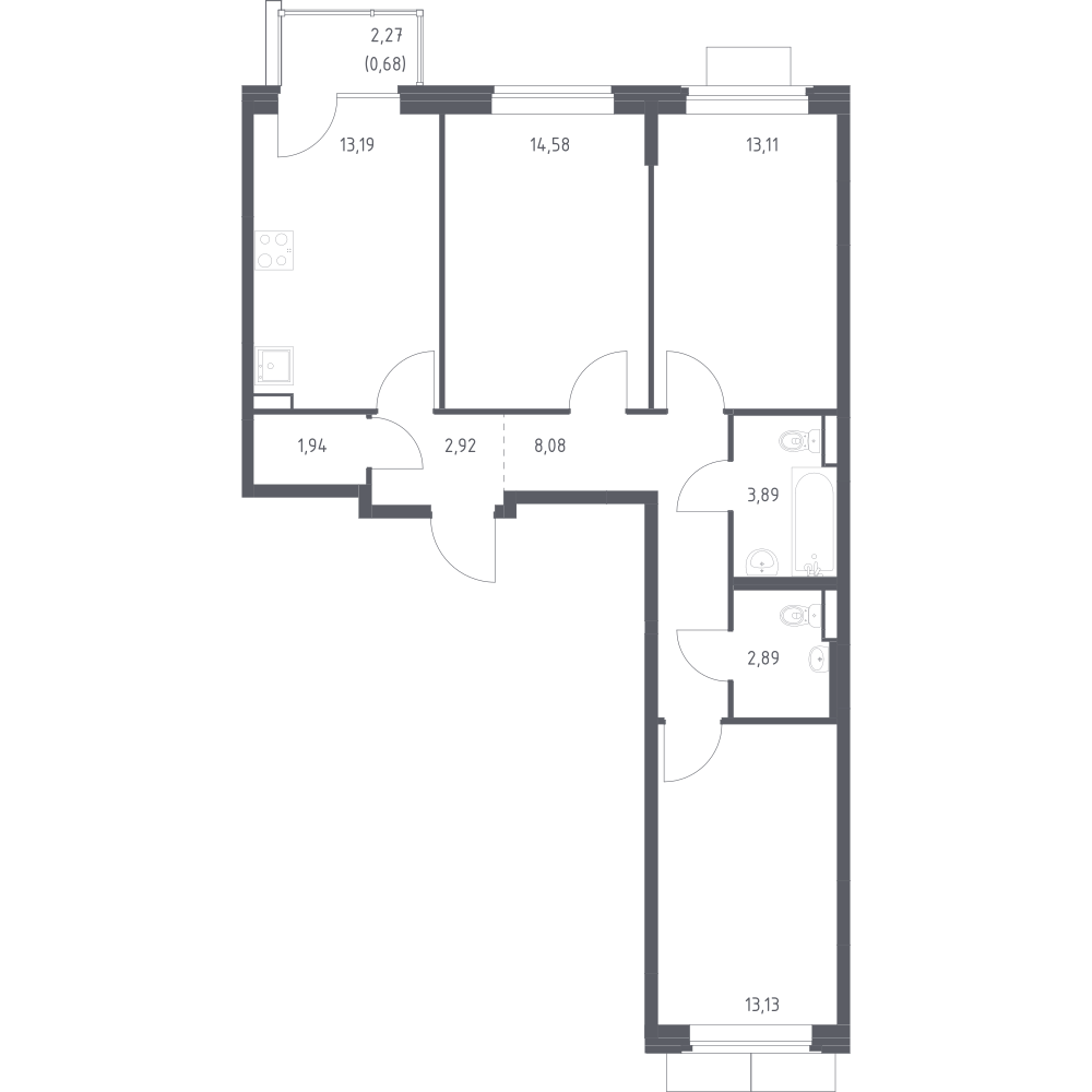 3-комнатная 74 м2 в ЖК Квартал Западный корпус null этаж 2