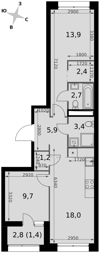 2-комнатная 58 м2 в ЖК Скай Гарден корпус null этаж 17