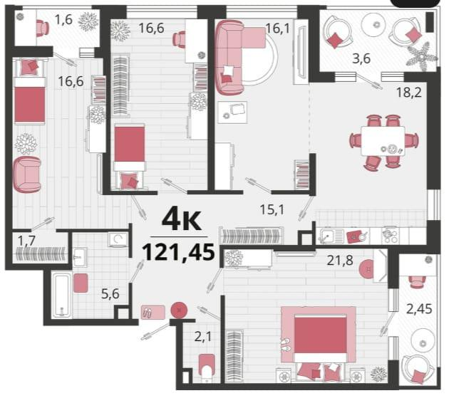 4-комнатная 121.5 м2 в ЖК undefined корпус null этаж 18