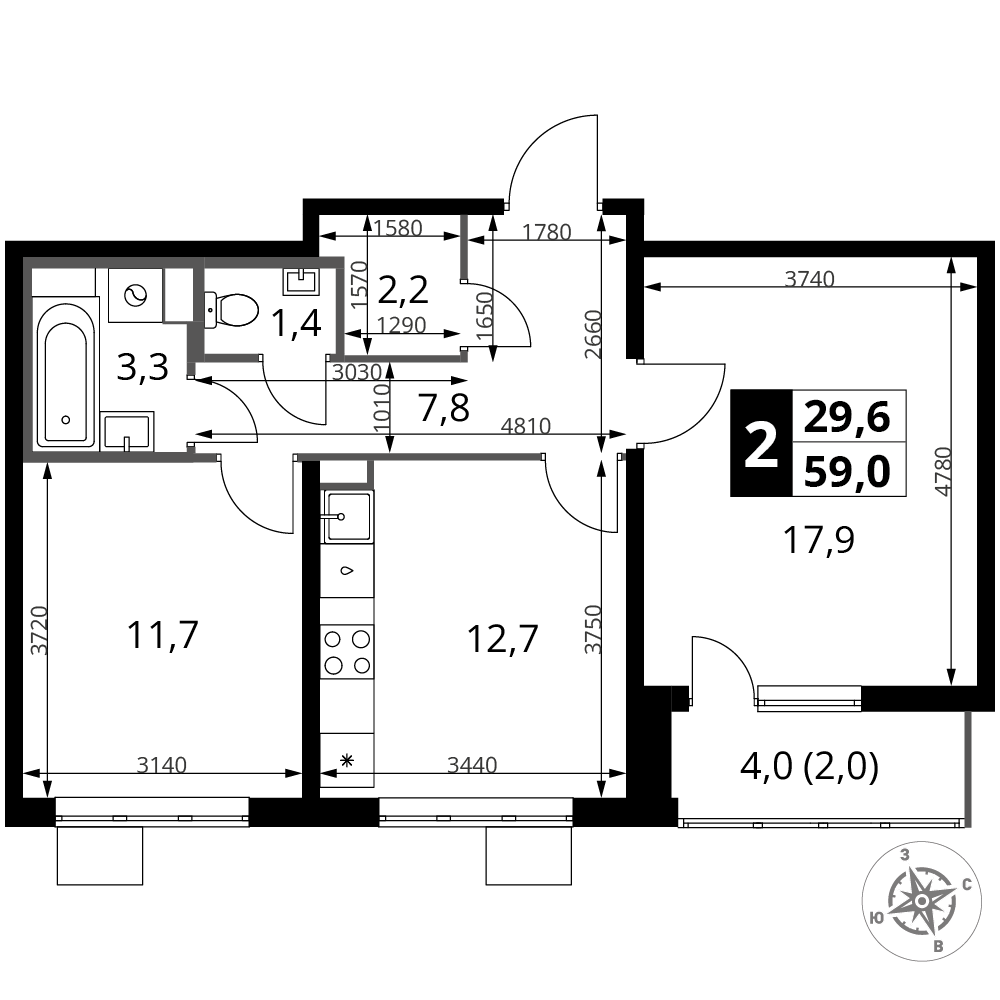 2-комнатная 59 м2 в ЖК 1-й Южный корпус null этаж 16