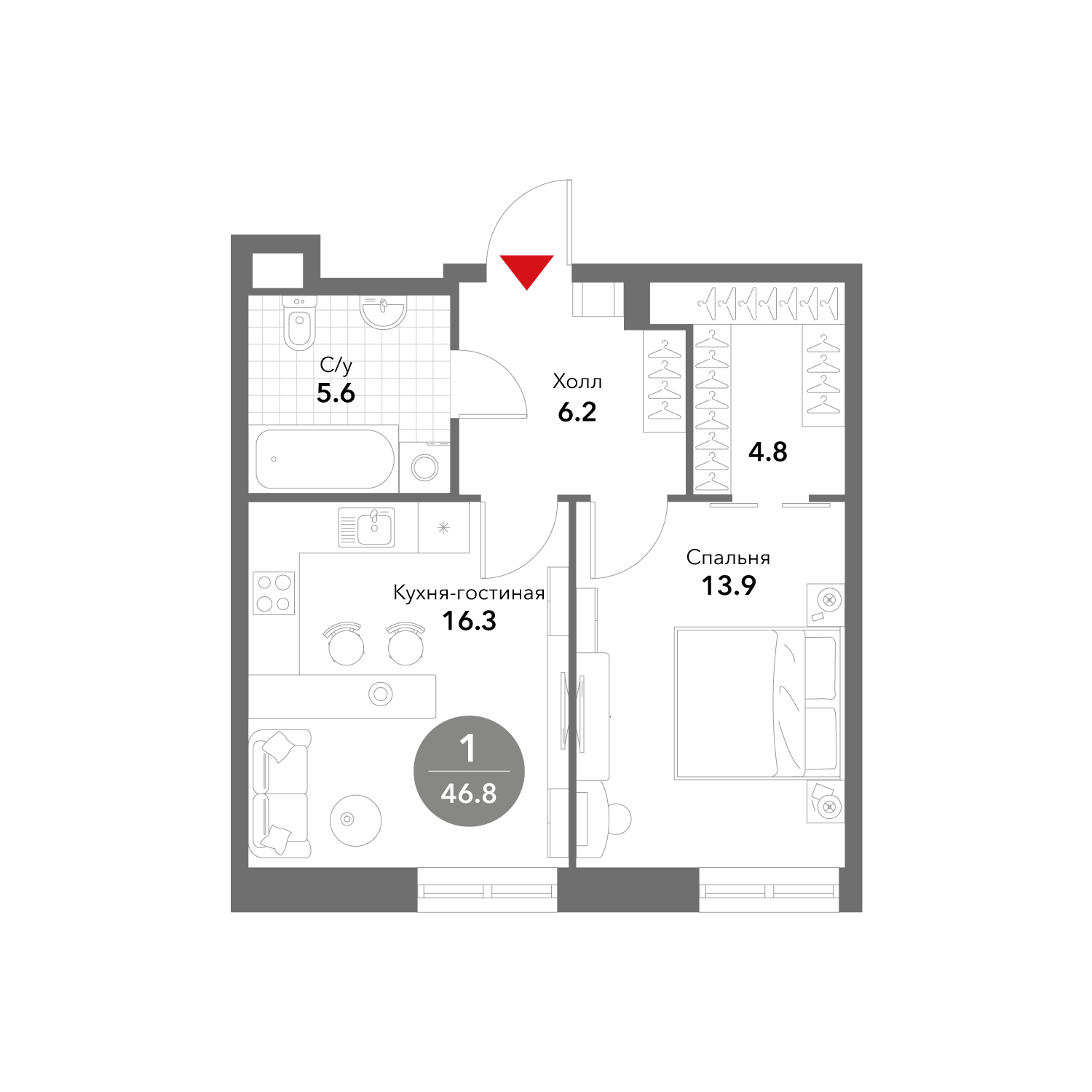 1-комнатная 46 м2 в ЖК Воксхолл корпус null этаж 22