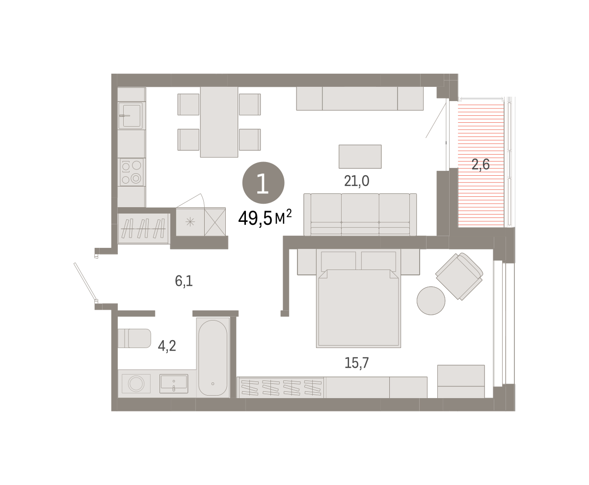1-комнатная 49 м2 в ЖК Квартал Нефть корпус null этаж 6