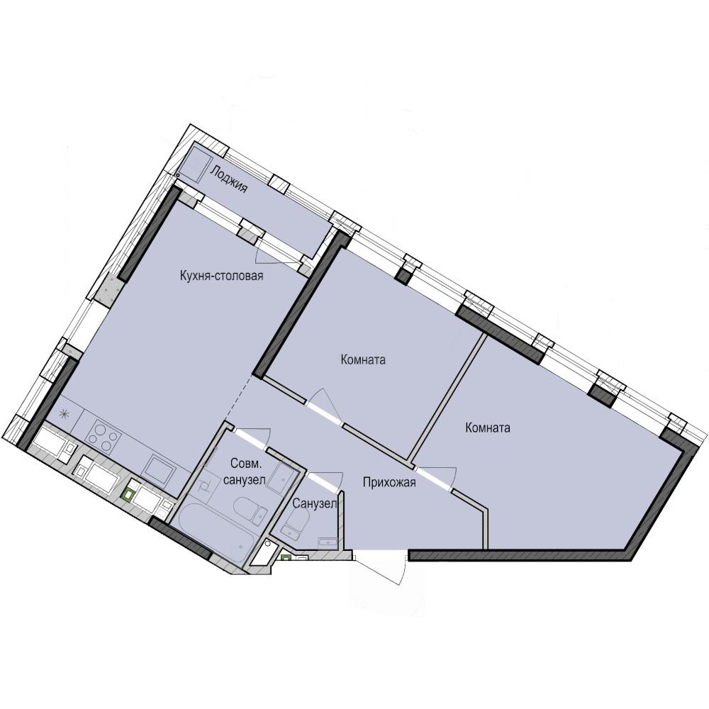 2-комнатная 54 м2 в ЖК Унай корпус null этаж 3