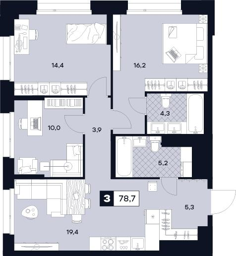 3-комнатная 78 м2 в ЖК Юту корпус null этаж 25