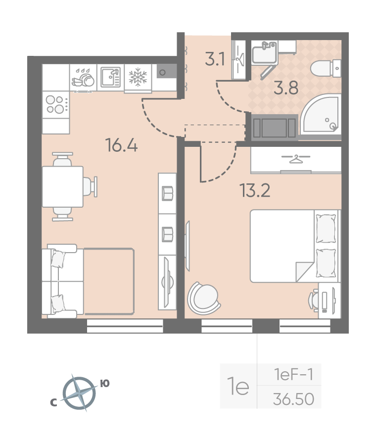 1-комнатная 36 м2 в ЖК Октябрьская набережная корпус null этаж 25