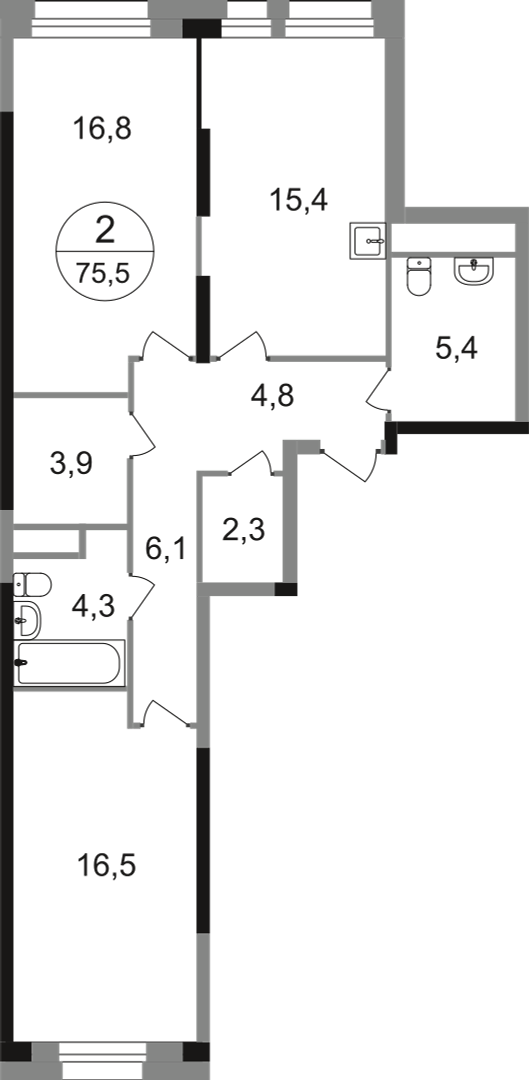 2-комнатная 75 м2 в ЖК Первый Московский корпус null этаж 12