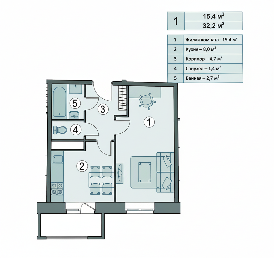 1-комнатная 32.2 м2 в ЖК undefined корпус null этаж 8