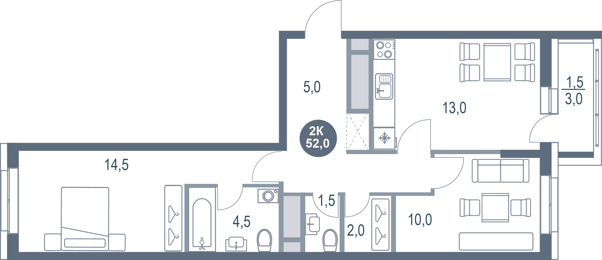 2-комнатная 52 м2 в ЖК Русич Котельники Парк корпус null этаж 13