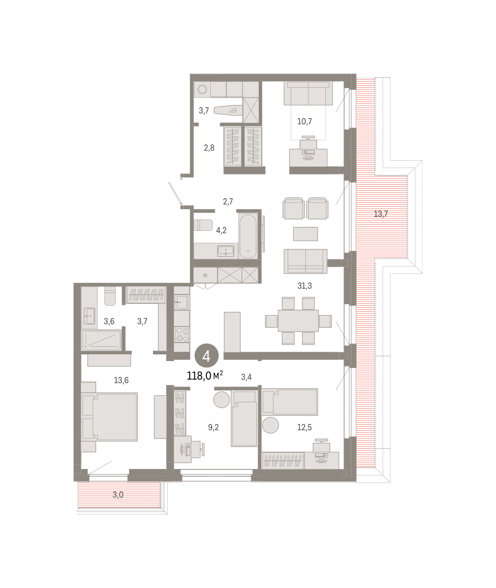 4-комнатная 117 м2 в ЖК Квартал Нефть корпус null этаж 9