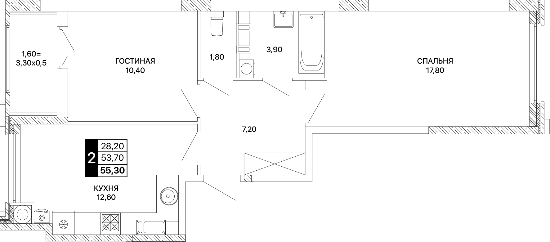 2-комнатная 55 м2 в ЖК Сияние корпус null этаж 12