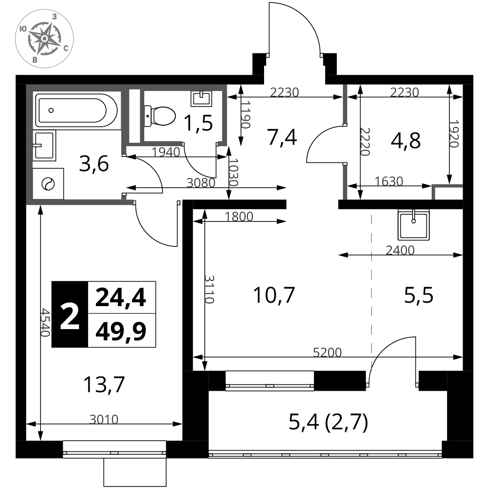 2-комнатная 49 м2 в ЖК 1-й Донской корпус null этаж 3
