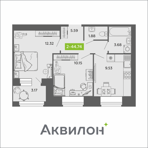 2-комнатная 44 м2 в ЖК Аквилон ROSA корпус null этаж 4