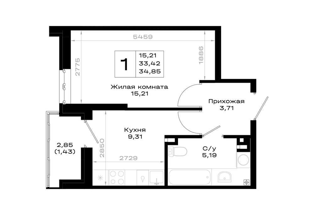 1-комнатная 34 м2 в ЖК Октябрь парк корпус null этаж 2
