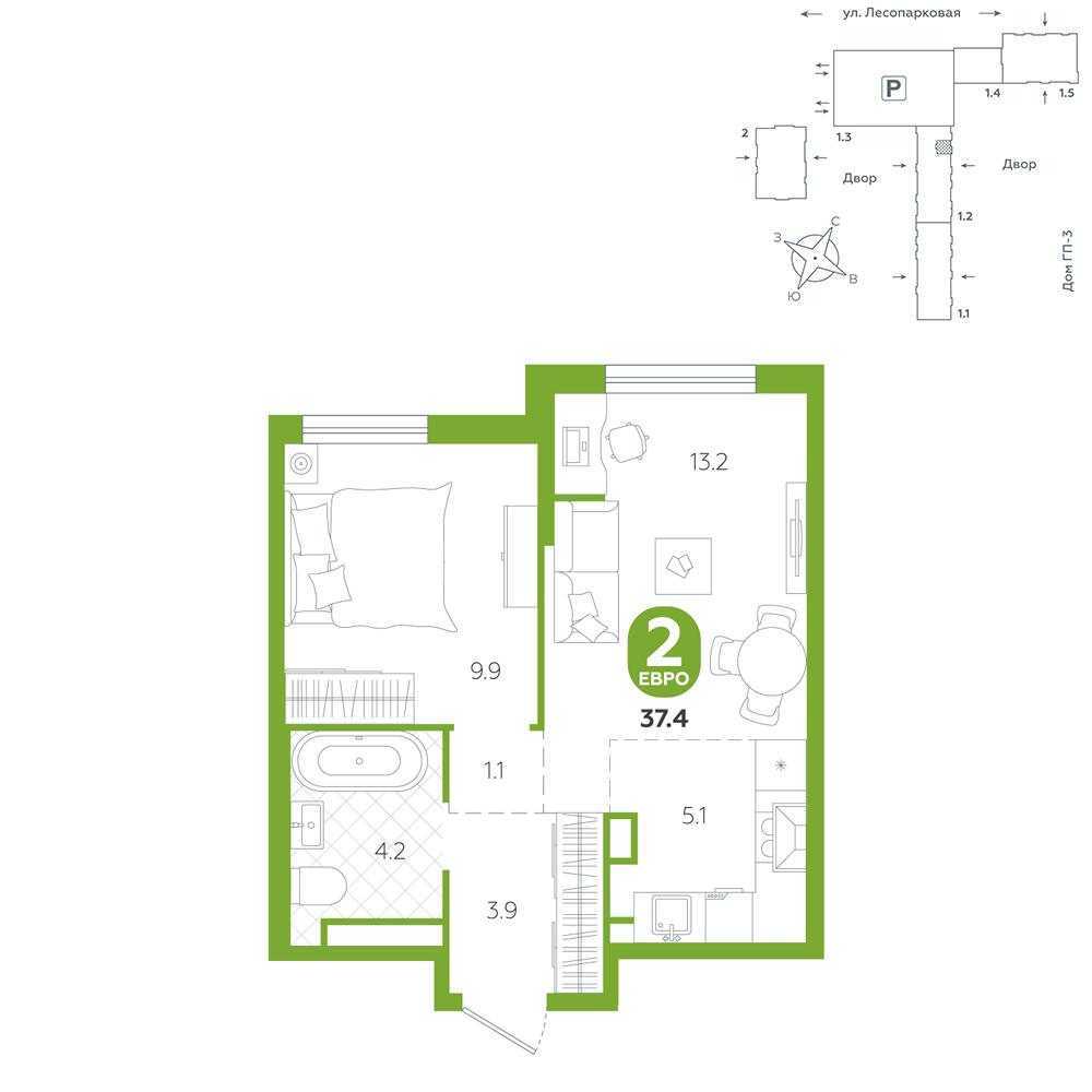 1-комнатная 37 м2 в ЖК Чистые пруды корпус null этаж 10