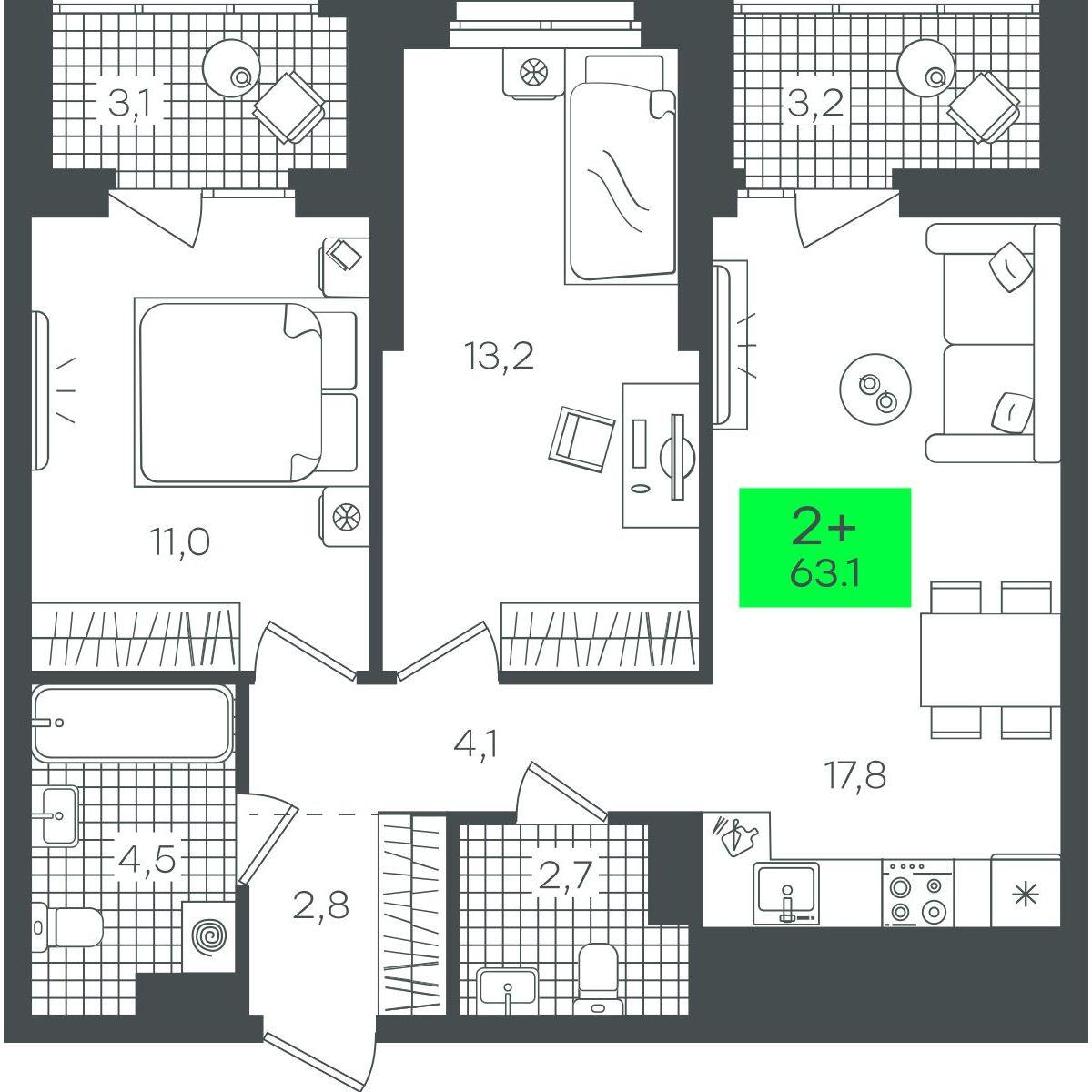 2-комнатная 63 м2 в ЖК Гранд Квартал корпус null этаж 19