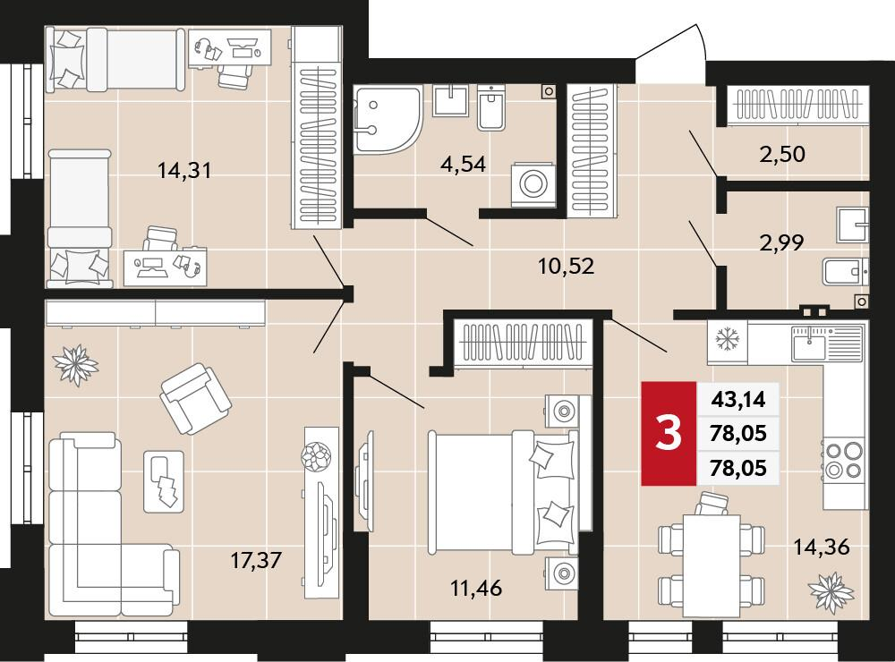 3-комнатная 78 м2 в ЖК Невский корпус null этаж 2
