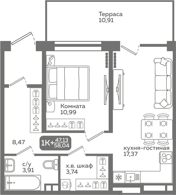 2-комнатная 68 м2 в ЖК Меридиан Слобода корпус null этаж 1
