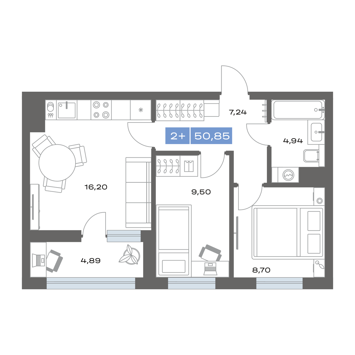 2-комнатная 50 м2 в ЖК Пятнашка корпус null этаж 7