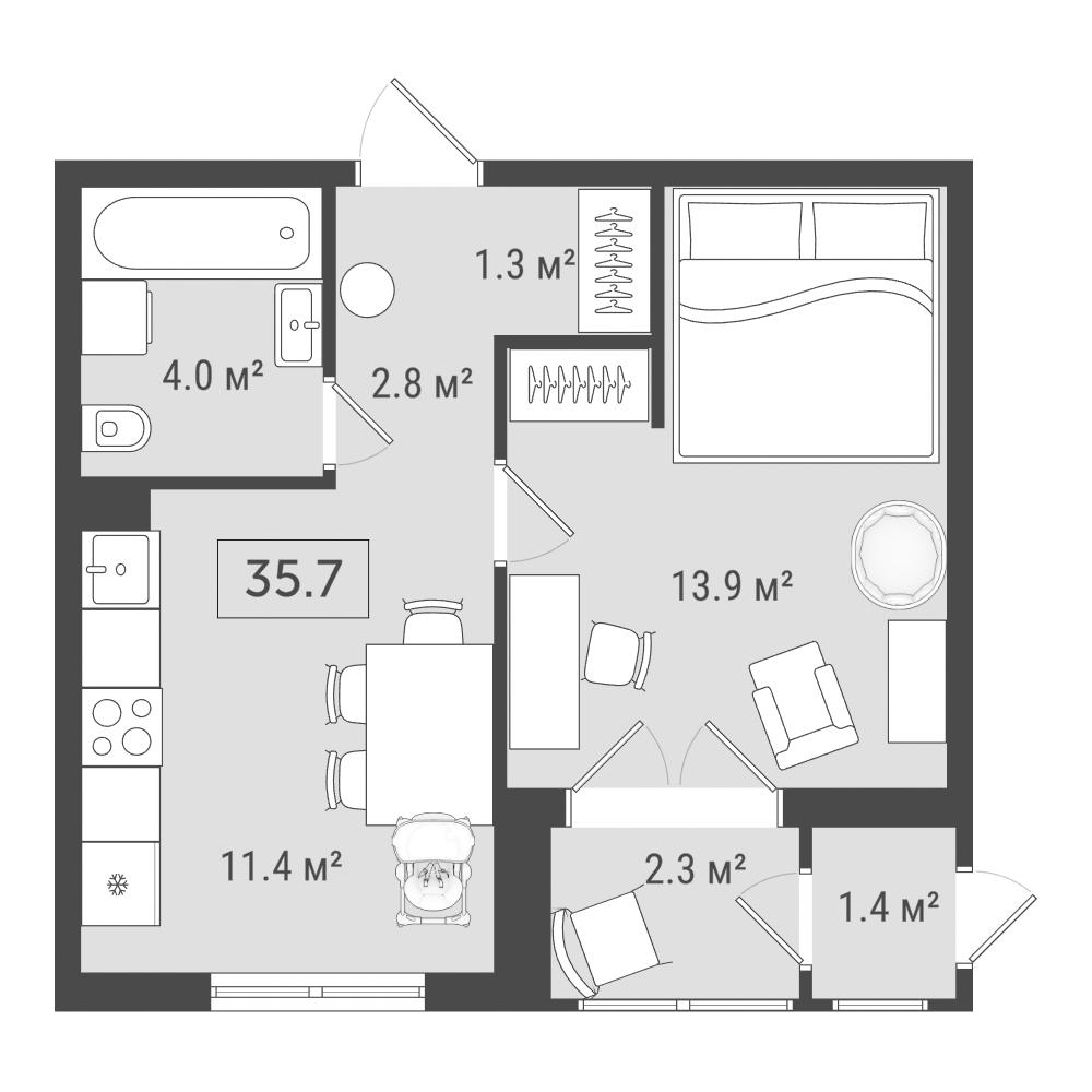 1-комнатная 35 м2 в ЖК Фамильный дом корпус null этаж 13