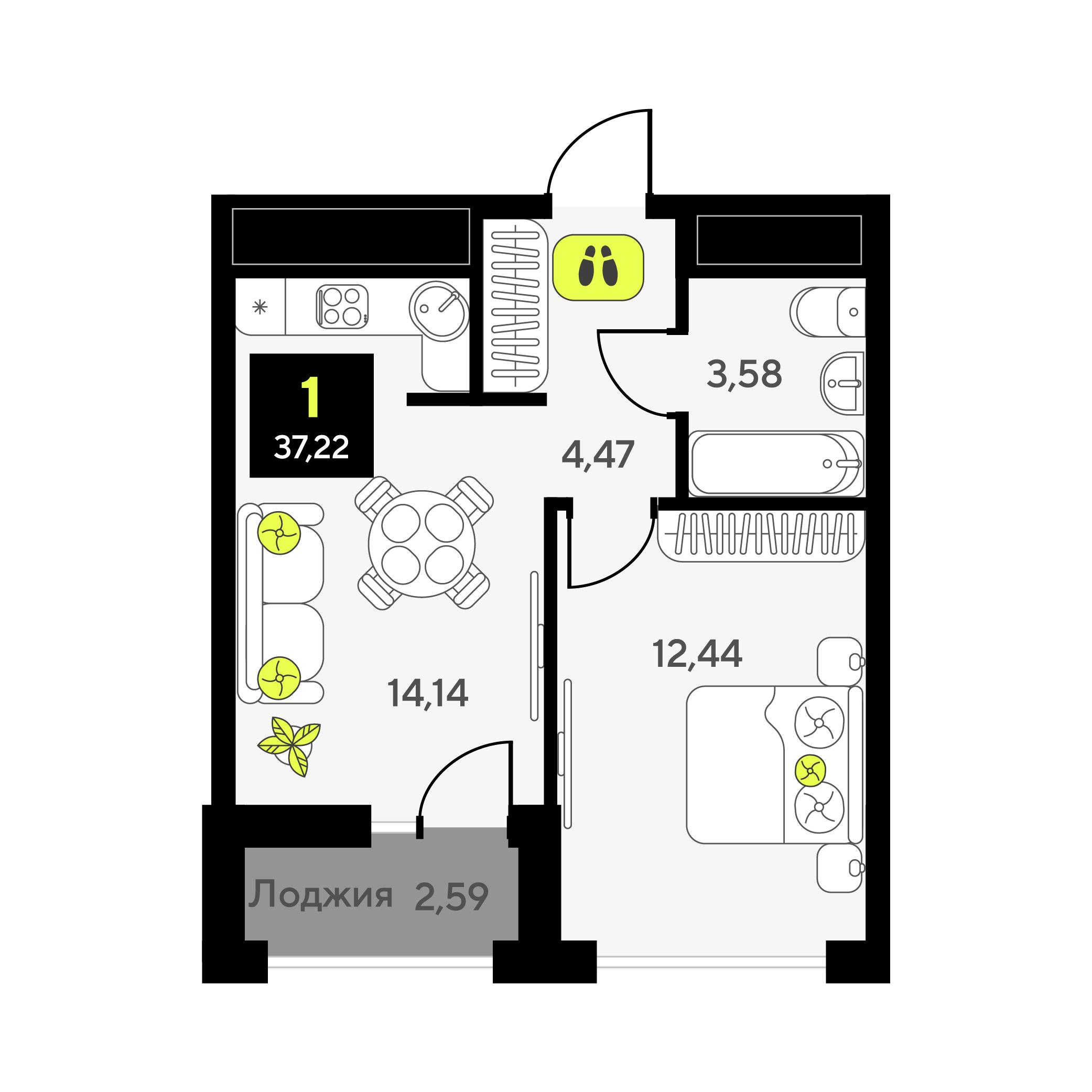 1-комнатная 37 м2 в ЖК Мотивы корпус null этаж 11