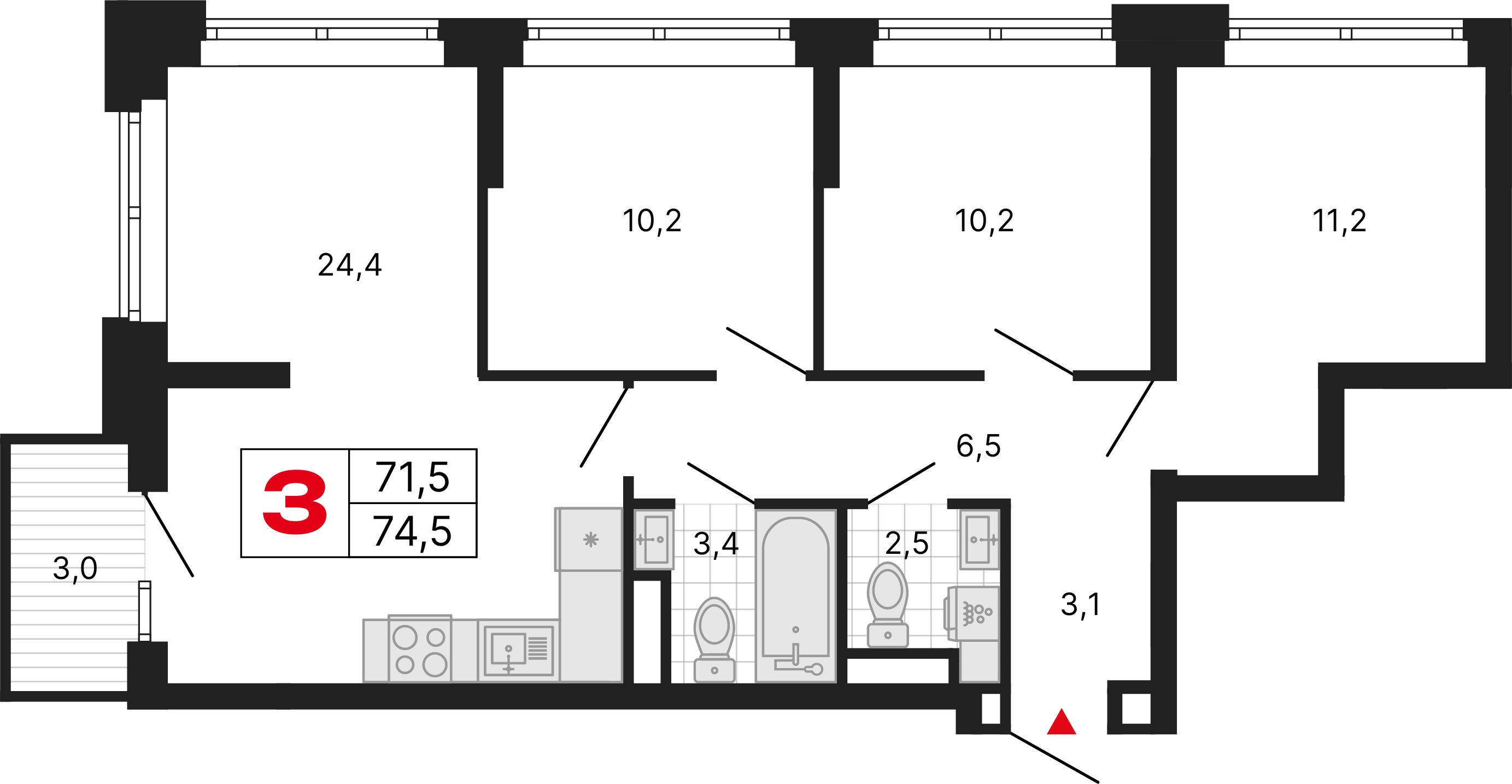 3-комнатная 74 м2 в ЖК Бестселлер корпус null этаж 5