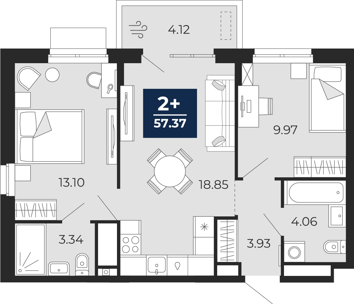 2-комнатная 53 м2 в ЖК Мириады корпус null этаж 12