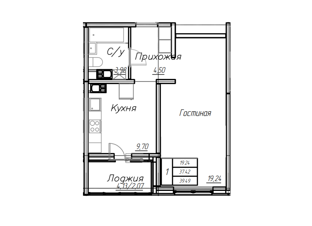 1-комнатная 39.5 м2 в ЖК undefined корпус null этаж 5