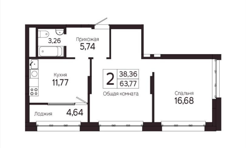 2-комнатная 63.8 м2 в ЖК undefined корпус null этаж 11