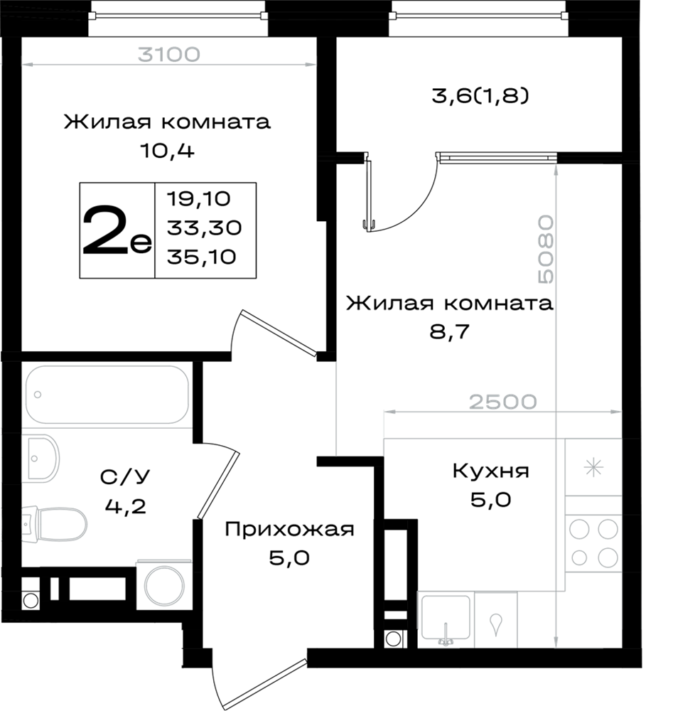 2-комнатная 35 м2 в ЖК Придонье корпус null этаж 18