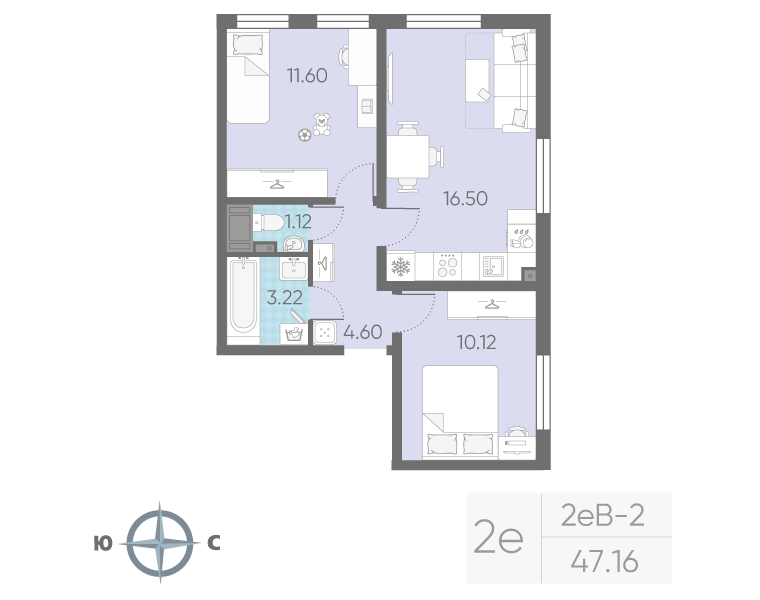 2-комнатная 47 м2 в ЖК Морская миля корпус null этаж 7