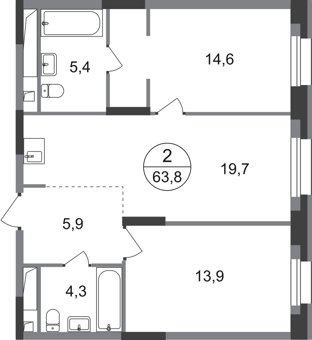 2-комнатная 63 м2 в ЖК Первый Московский корпус null этаж 15