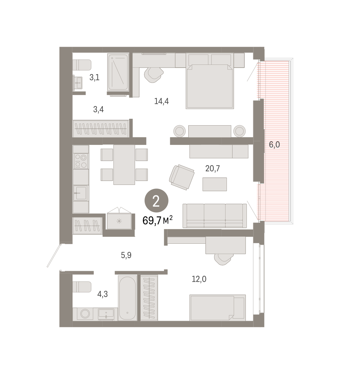 2-комнатная 70 м2 в ЖК Республики 205 корпус null этаж 4