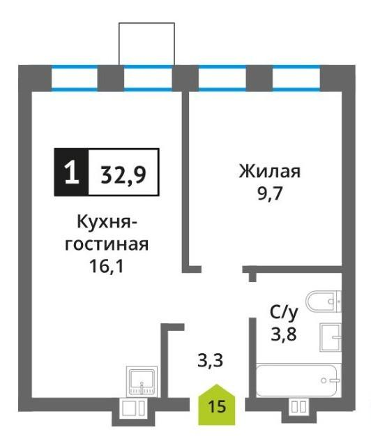 1-комнатная 32.9 м2 в ЖК undefined корпус null этаж 3