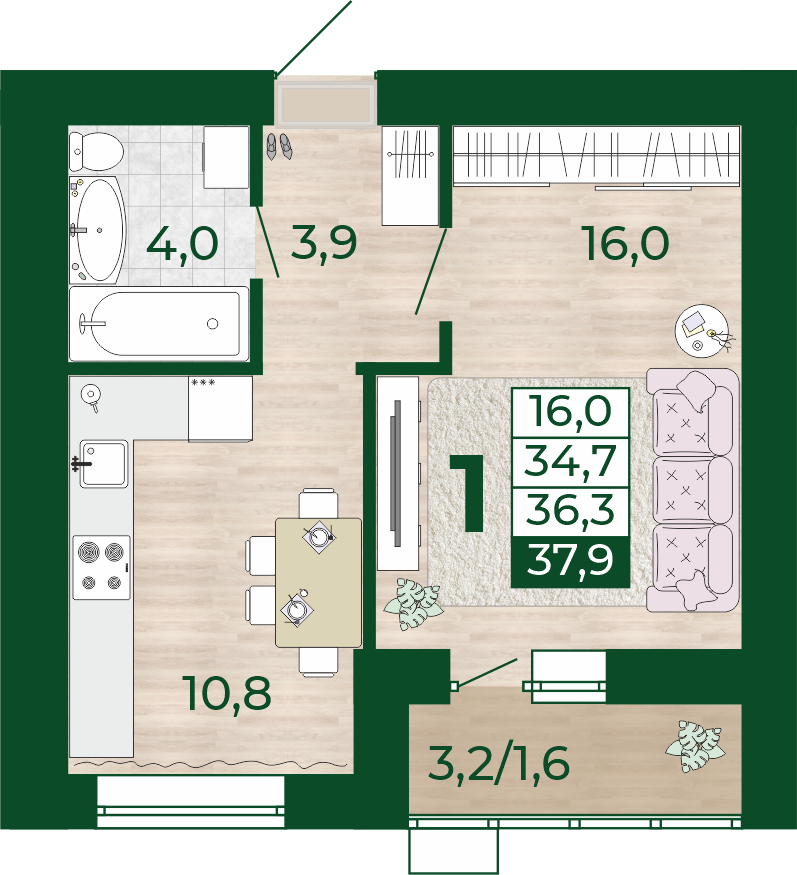 1-комнатная 34 м2 в ЖК Уют-Парк корпус null этаж 15