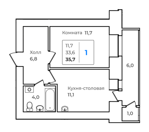 1-комнатная 38.9 м2 в ЖК undefined корпус null этаж 8