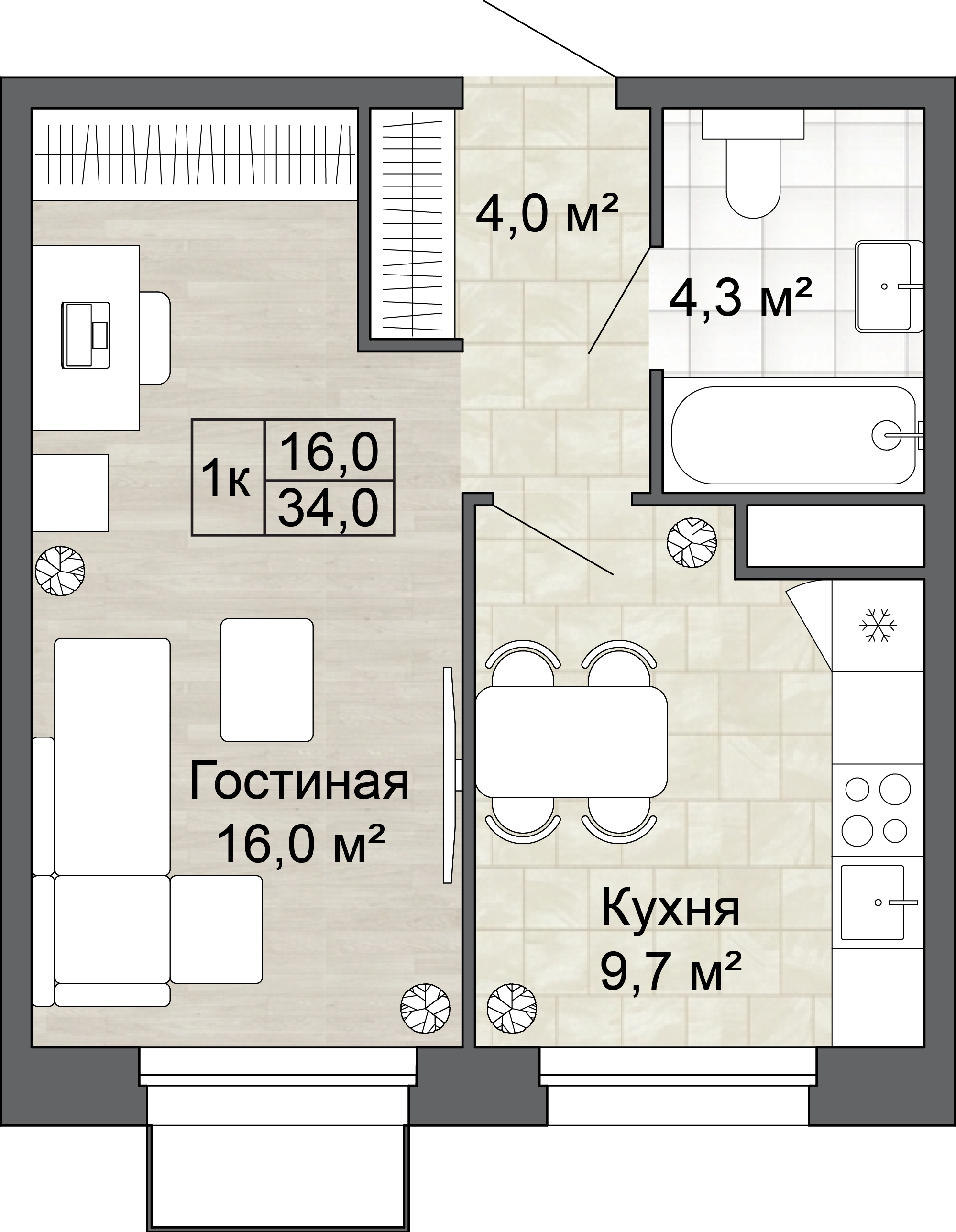 1-комнатная 34 м2 в ЖК Яблоневый Сад корпус null этаж 6