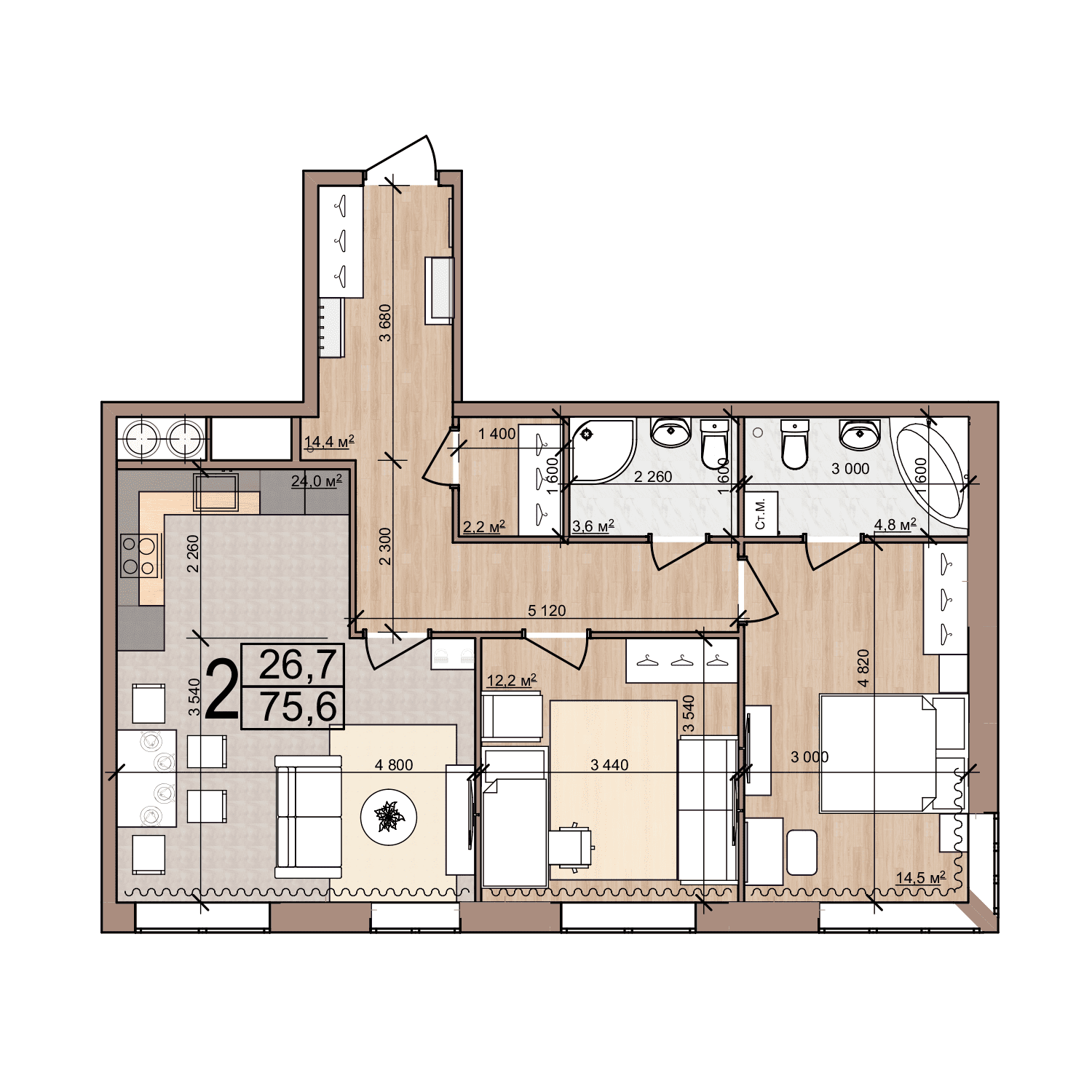 2-комнатная 75 м2 в ЖК Дискавери корпус null этаж 1