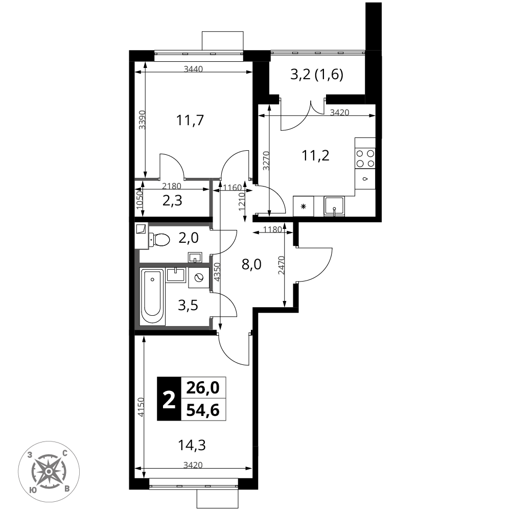 2-комнатная 54 м2 в ЖК 1-й Шереметьевский корпус null этаж 6