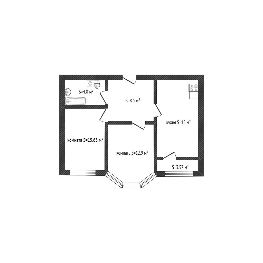 2-комнатная 60.5 м2 в ЖК undefined корпус null этаж 8