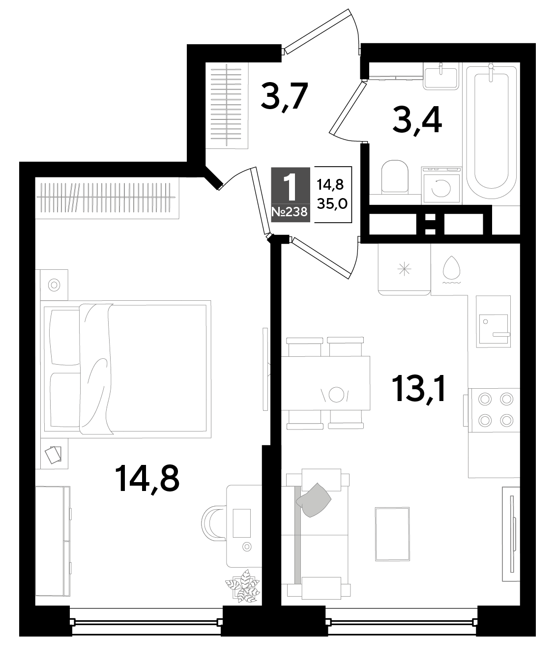 1-комнатная 35 м2 в ЖК Dogma Park корпус null этаж 13