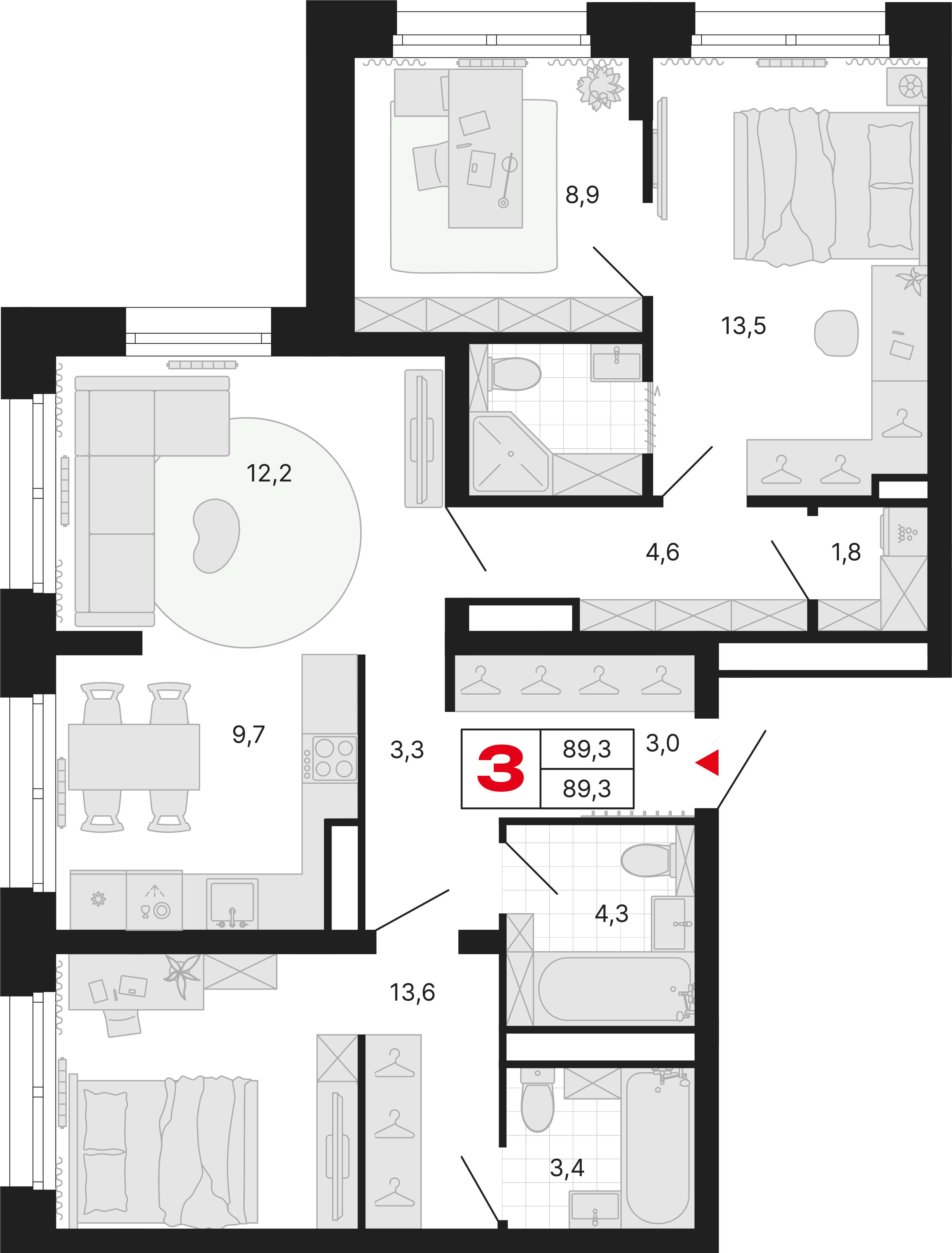 3-комнатная 89 м2 в ЖК Бестселлер корпус null этаж 16