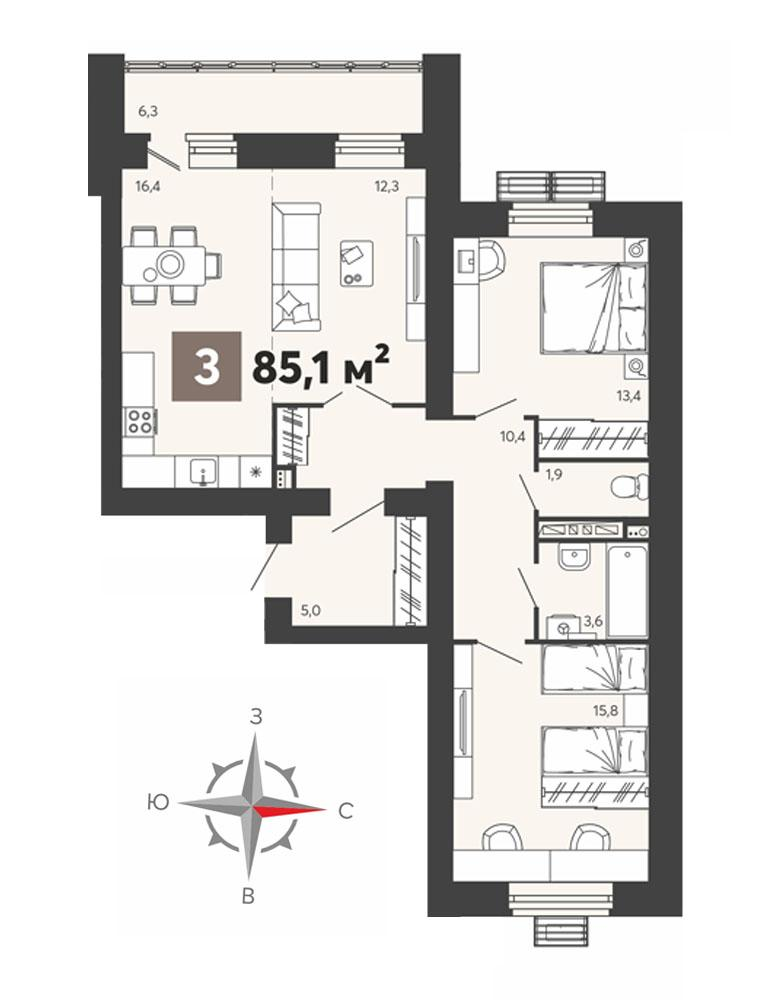 3-комнатная 85 м2 в ЖК Новелла корпус null этаж 5