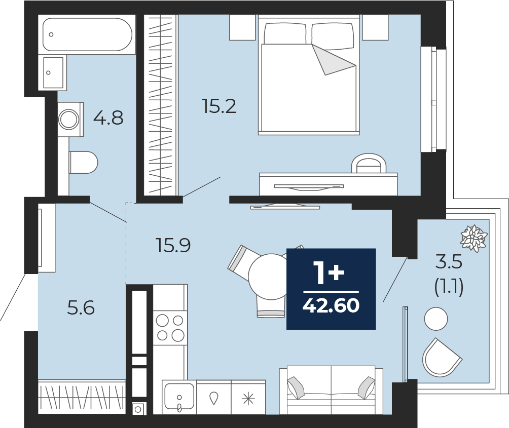 1-комнатная 41 м2 в ЖК Мириады корпус null этаж 10
