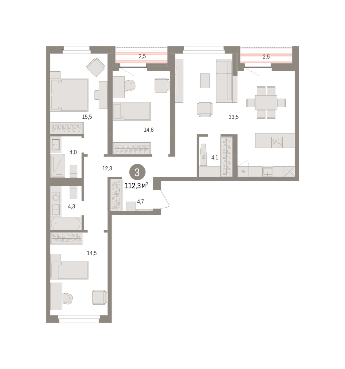 3-комнатная 112 м2 в ЖК Зарека корпус null этаж 7