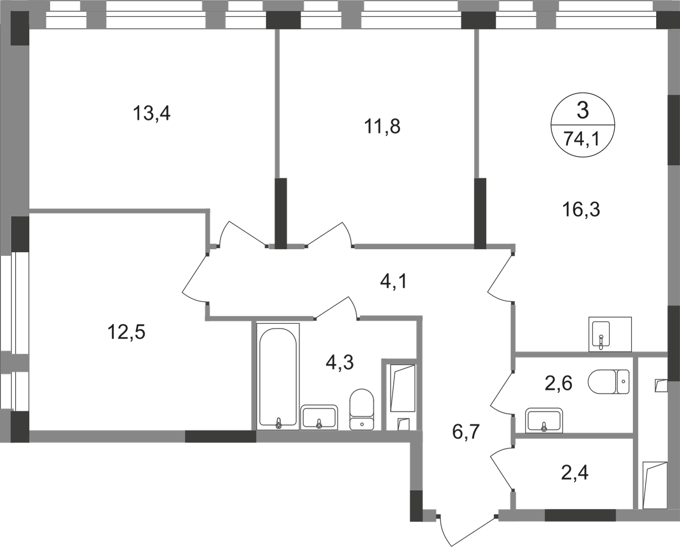 3-комнатная 74 м2 в ЖК Первый Московский корпус null этаж 17